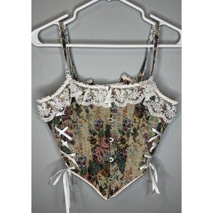 vintage-style floral tapestry lace-up corset top Lace Trim Medium Cottagecore